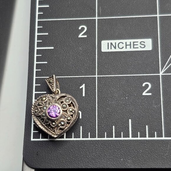 VTG Charles Winston Sterling Silver Amethyst Heart Locket Pendant 1" Signed CW - Picture 9 of 12